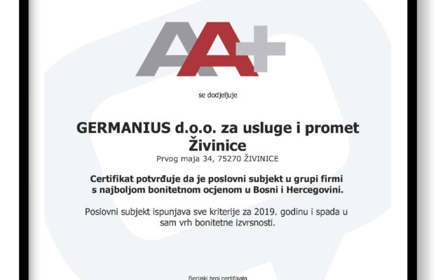 BONITETNA OCJENA za 2019. godinu AA+