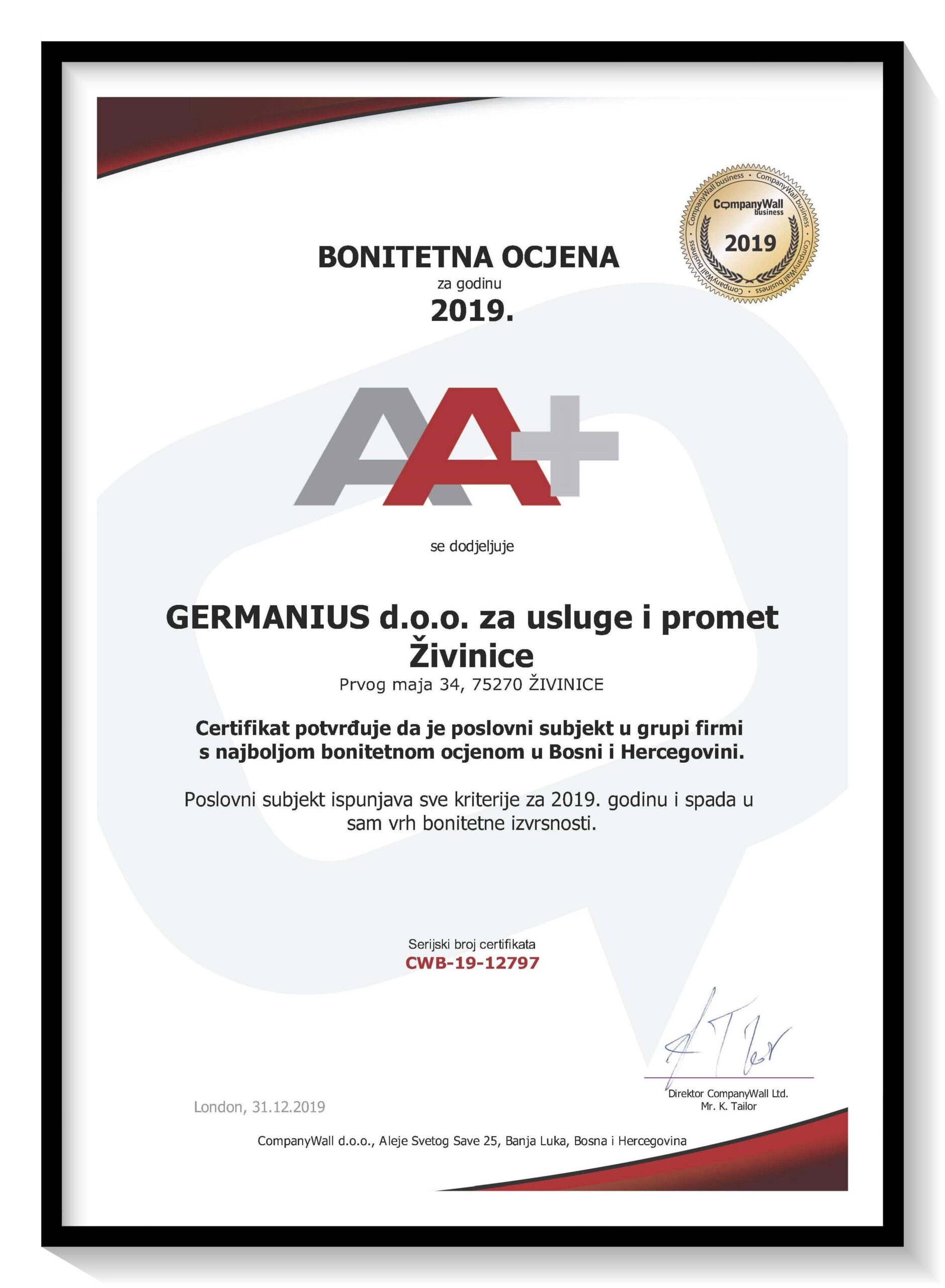 BONITETNA OCJENA za 2019. godinu AA+